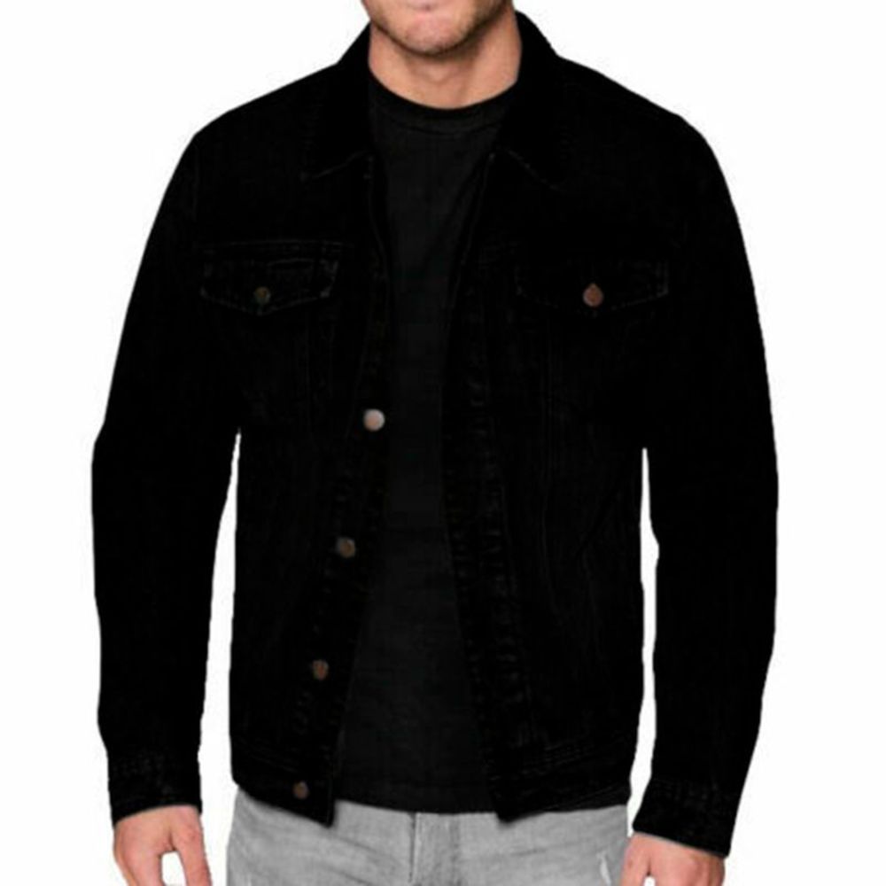 Mens Premium Cotton Faded Denim Jean Button Up Slim Fit Jacket Black